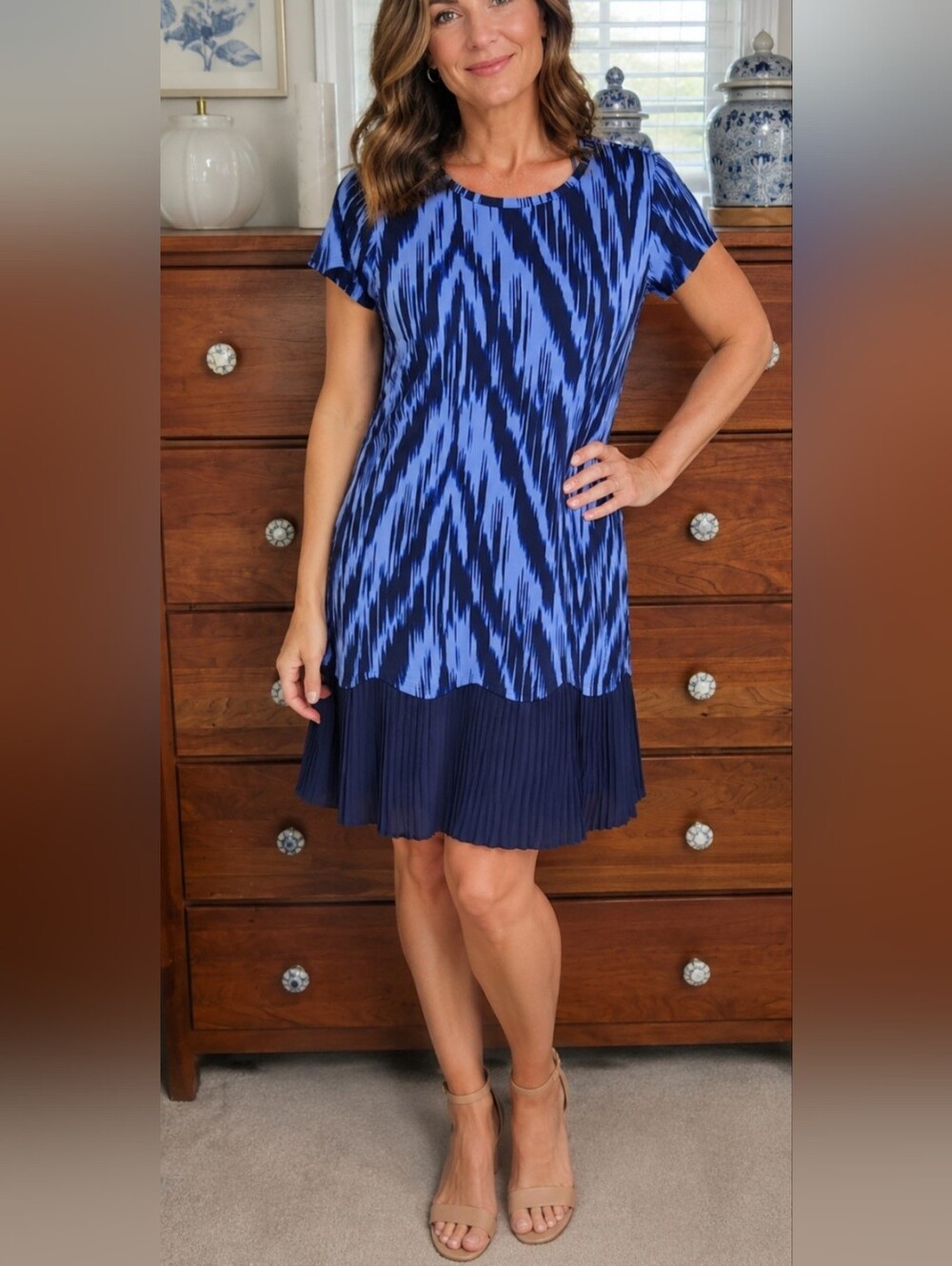 NWT Michael Kors Blue Ikat Print Short Sleeve Dress with Pleated Hem Size Large
